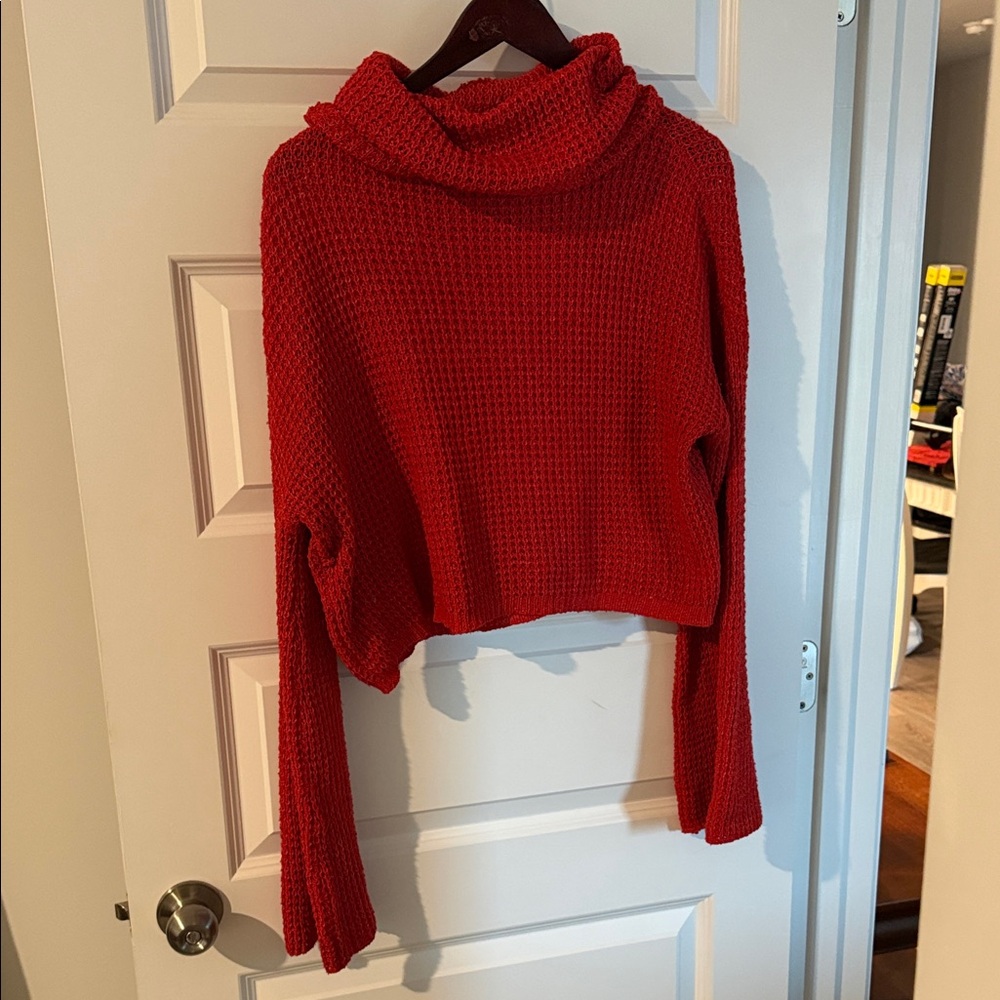 SHEIN Red Women's Cropped Crochet Cowl Turtleneck Sweater Bell Sleeve